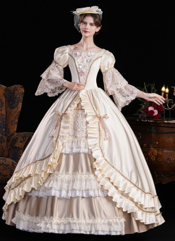 Champagne Lace Ruffled Party Formal Gown Women Stage Theater Costume