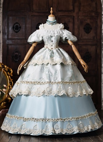 Light Blue Jacquard Party Ball Gown Lacce Short Sleeve Off the Shoulder Theater Costume