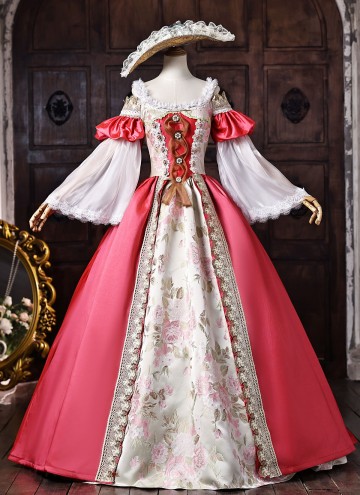 Pink Floral Brocade Off the Shoulder Masquerade Stage Dress Bell Sleeves Fantasy Costume