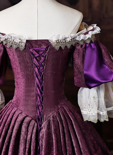 Purple Velvet Gold Embroidery Victorian Rococo Style Masquerade Ball Gown Off the Shoulder Theater Costume