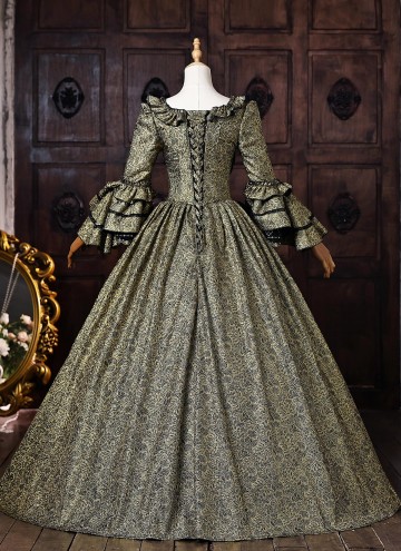 Brocade Baroque 18th Century Queen Marie Antoinette Rococo Masquerade Dress Ball Gown Dark Gold Fantasy Costume