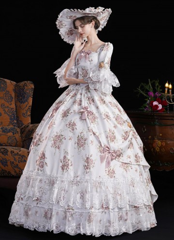 Purple Lace Flower Masquerade Dress Flare Sleeve Floor Length Floral Princess Theater Costume