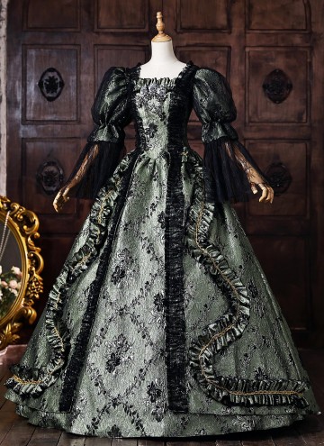 Dark Green Floral Brocade Baroque Victorian Masquerade Dress Lace Puff Sleeves Venice Carnival Holiday Festive Formal Gown