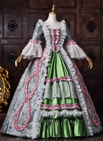 Vintage Jacquard Victorian Tea Party Dress Rococo Bow Lace Long Sleeve Floor Length 18th Century Ball Gown
