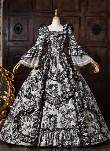 Baroque Black Floral Jacquard Brocade Victorian Rococo Dress Square Collar Long Sleeve Venice Carnival Holiday Festive Formal Gown