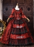 Vampire Red Floral Brocade Long Sleeves Tiered Ruffles Floor Length Masquerade Party Dress