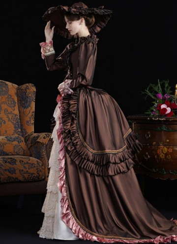 Brown Edwardian 1900s 1910s Tea Party Garden Dress Vintage Bustle Theater Costume