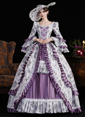 Purple Lace Ruffled Printed Holiday Carnival Party Gown Women Fantasy Stage Theater Costume