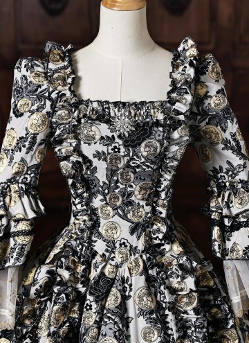 Baroque Black Floral Jacquard Brocade Victorian Rococo Dress Square Collar Long Sleeve Venice Carnival Holiday Festive Formal Gown