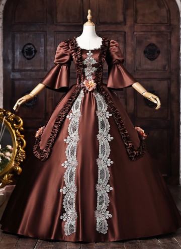 Brown Satin Lace Flower Masquerade Dress Short Puff Sleeve Floor Length Theater Costume