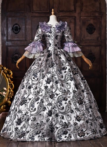 Vintage Purple Floral Brocade 18th Century Rococo Tea Party Ball Gown Lace-Up Venice Carnival Costume
