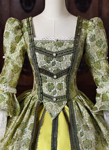 Yellow Green Floral Brocade Rococo Formal Party Dress Lace Long Sleeve Theater Costume