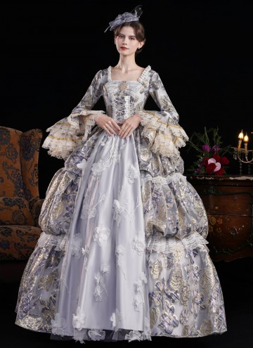 Women Gray Jacquard Multi Layered Festive Formal Gown Masquerade Party Dress