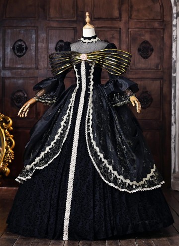 Black Brocade Halloween Dark Fantasy Dress Long Sleeves Floor Length Masquerade Ball Gown
