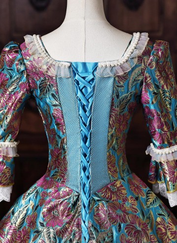 Blue Floral Brocade Masquerade Ball Gown Bow Lace Half Sleeve Flooer Length Lace-Up Corset Back Fantasy Clothing