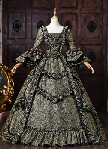 Brocade Baroque 18th Century Queen Marie Antoinette Rococo Masquerade Dress Ball Gown Dark Gold Fantasy Costume