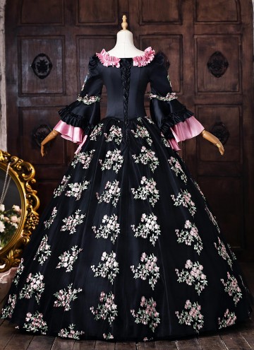Customize Rococo Black Floral Printed Satin Masquerade Dress Venice Carnival Holiday Festive Formal Gown