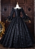 Vintage Black Brocade Gold Floral Jacquard Victorian Ball Gown Lace Long Sleeves Floor Length Historical Dark Fantasy Costume