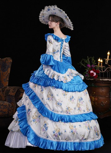 Blue Printed Ruffled Party Dress Floor Length Venice Carnival Fancy Theater Costume