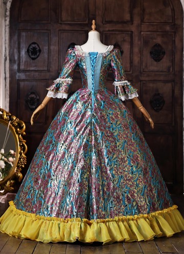 Blue Floral Brocade Masquerade Ball Gown Bow Lace Half Sleeve Flooer Length Lace-Up Corset Back Fantasy Clothing