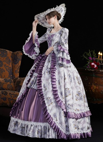 Purple Lace Ruffled Printed Holiday Carnival Party Gown Women Fantasy Stage Theater Costume