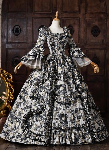 Baroque Black Floral Jacquard Brocade Victorian Rococo Dress Square Collar Long Sleeve Venice Carnival Holiday Festive Formal Gown