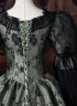 Dark Green Floral Brocade Baroque Victorian Masquerade Dress Lace Puff Sleeves Venice Carnival Holiday Festive Formal Gown