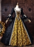 Vintage Black Brocade Gold Floral Jacquard Victorian Ball Gown Lace Long Sleeves Floor Length Historical Dark Fantasy Costume