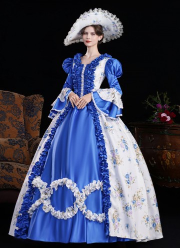 Blue Printed Cosplay Theme Party Dress Flare Sleeve Floor Length Venice Fancy Costume