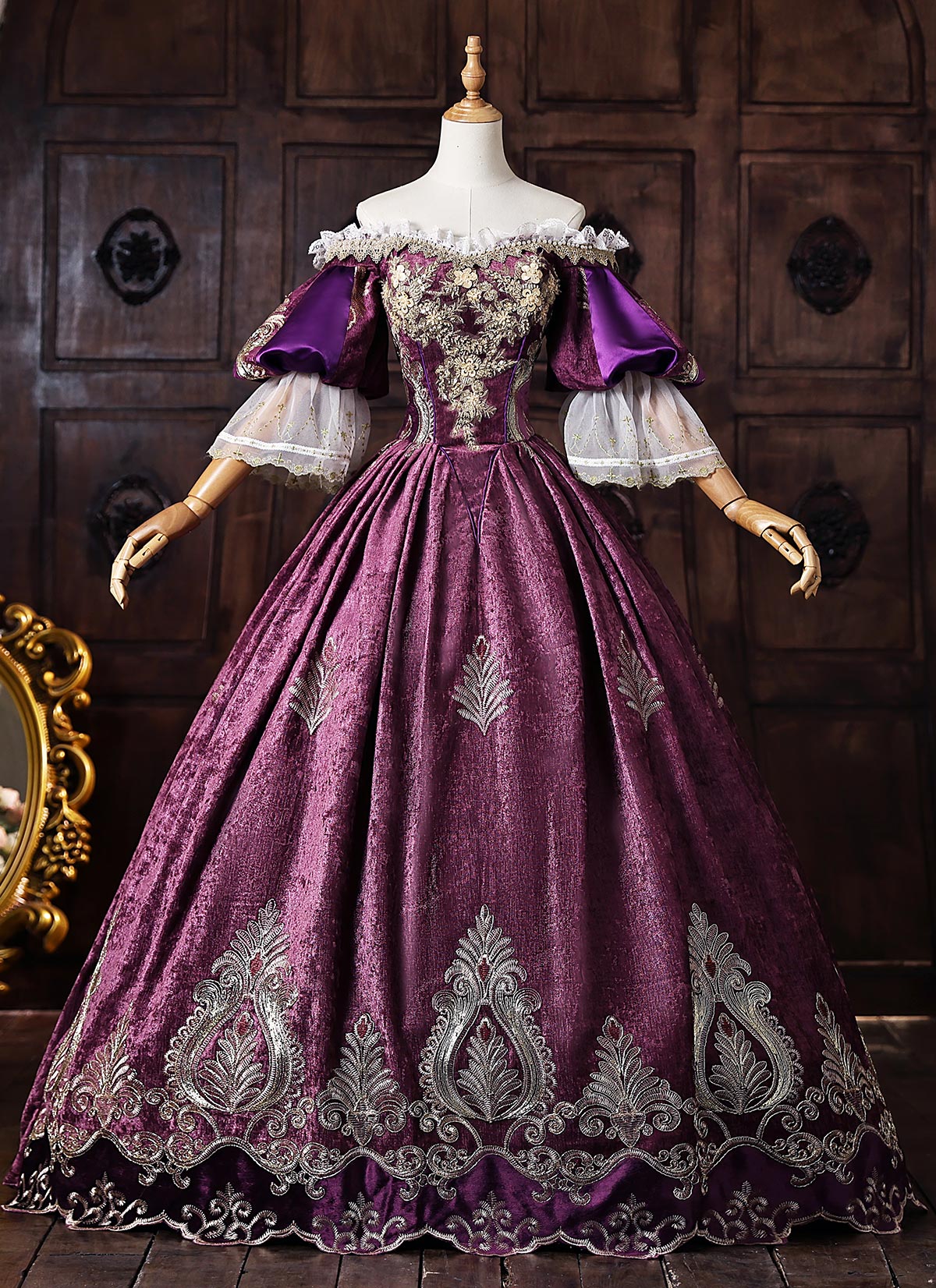 Purple Velvet Gold Embroidery Victorian Rococo Style Masquerade Ball Gown Off the Shoulder Theater Costume Purple Velvet Gold Embroidery Victorian Rococo Style Masquerade Ball Gown Off the Shoulder Theater Costume