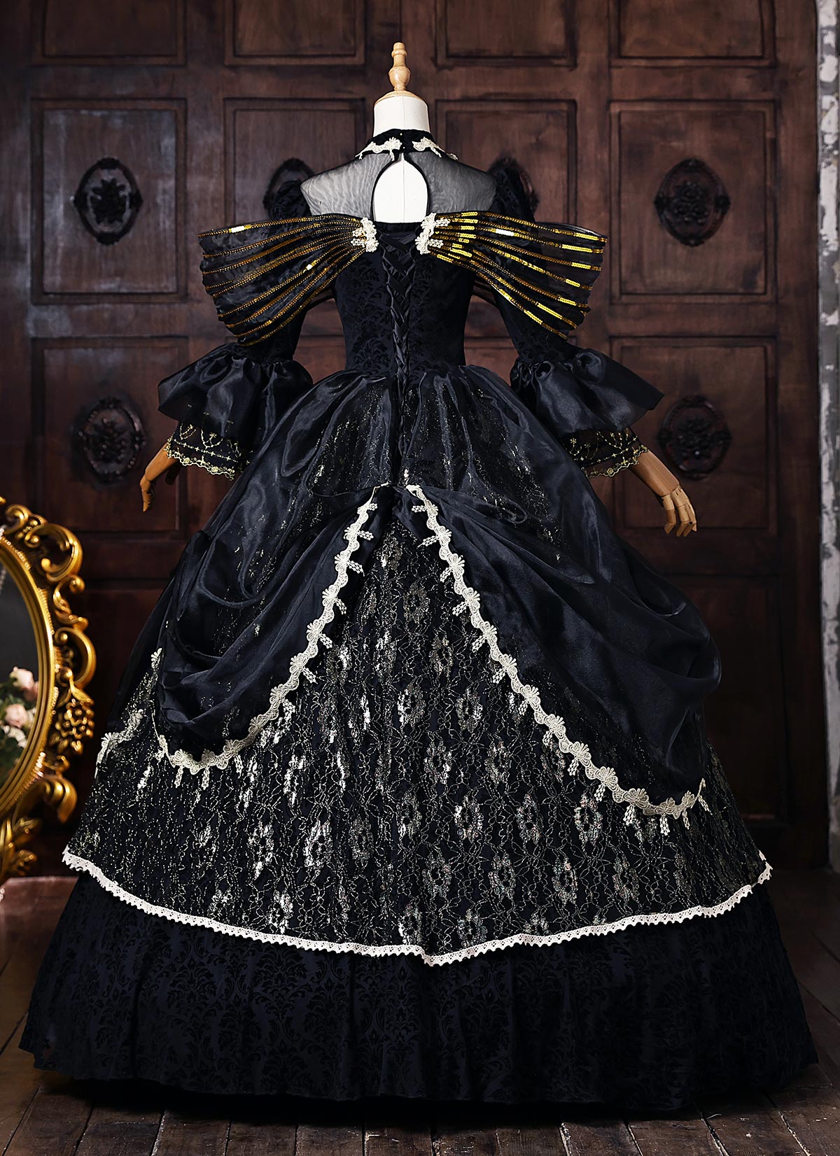 Black Brocade Halloween Dark Fantasy Dress Long Sleeves Floor Length Masquerade Ball Gown
