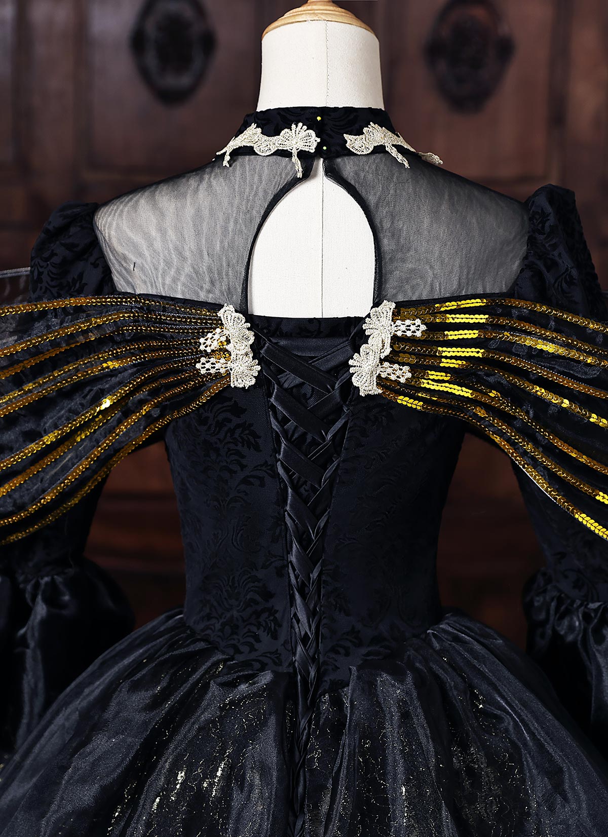 Black Brocade Halloween Dark Fantasy Dress Long Sleeves Floor Length Masquerade Ball Gown