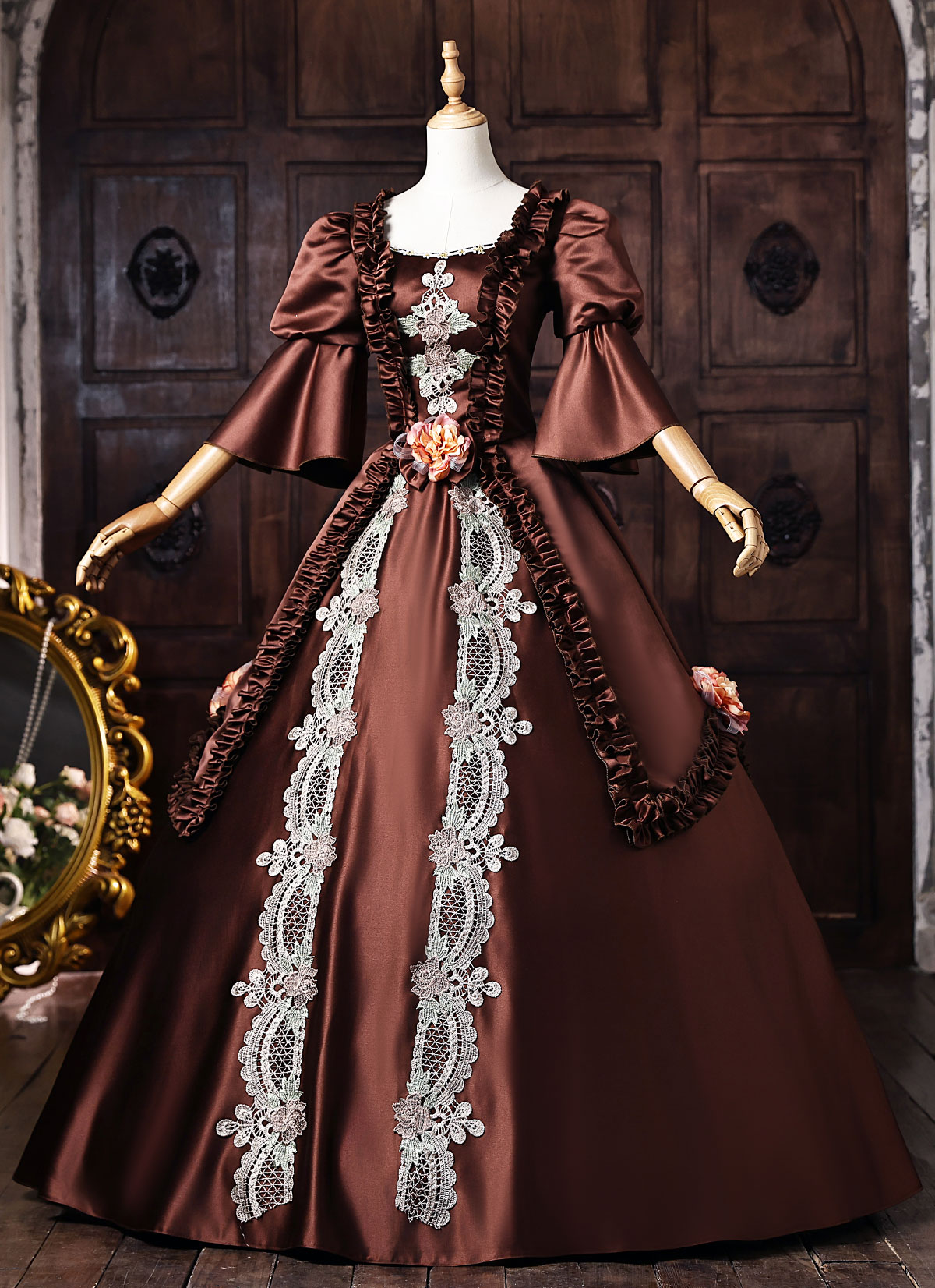 Brown Satin Lace Flower Masquerade Dress Short Puff Sleeve Floor Length Theater Costume Brown Satin Lace Flower Masquerade Dress Short Puff Sleeve Floor Length Theater Costume