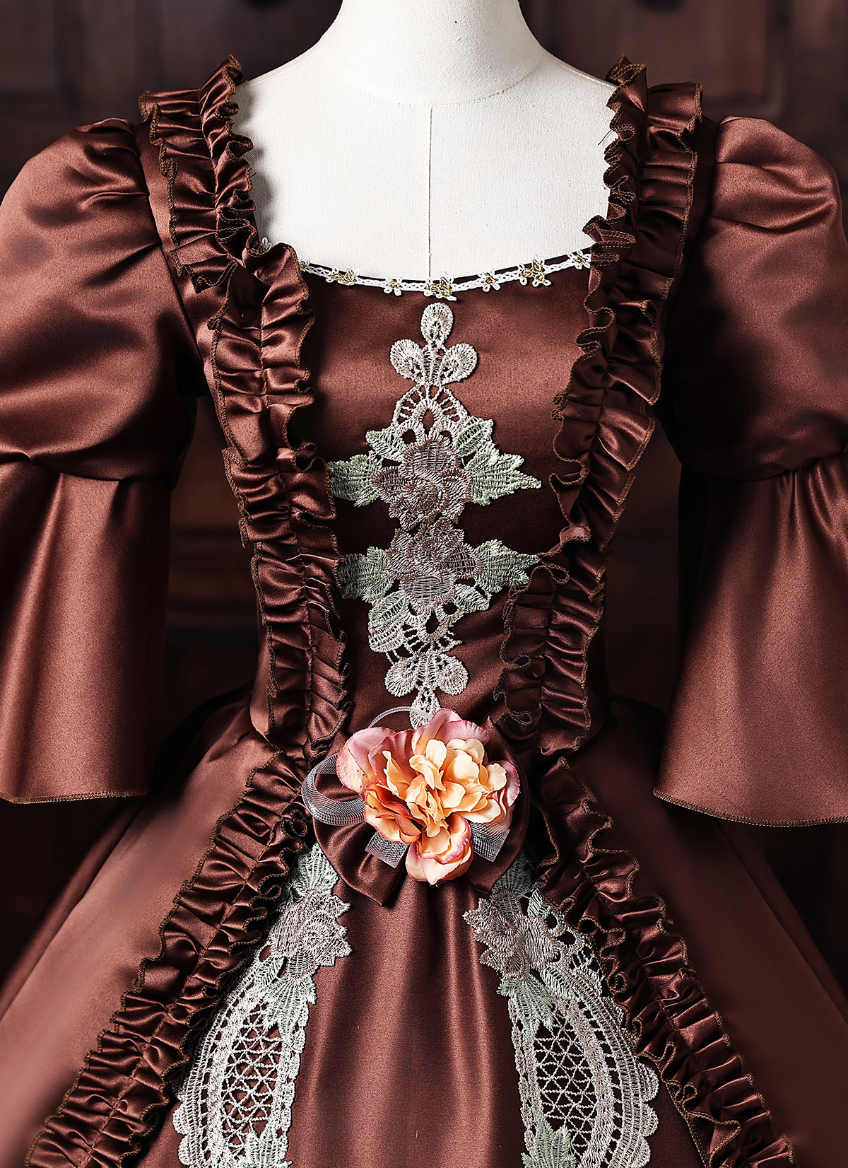 Brown Satin Lace Flower Masquerade Dress Short Puff Sleeve Floor Length Theater Costume Brown Satin Lace Flower Masquerade Dress Short Puff Sleeve Floor Length Theater Costume