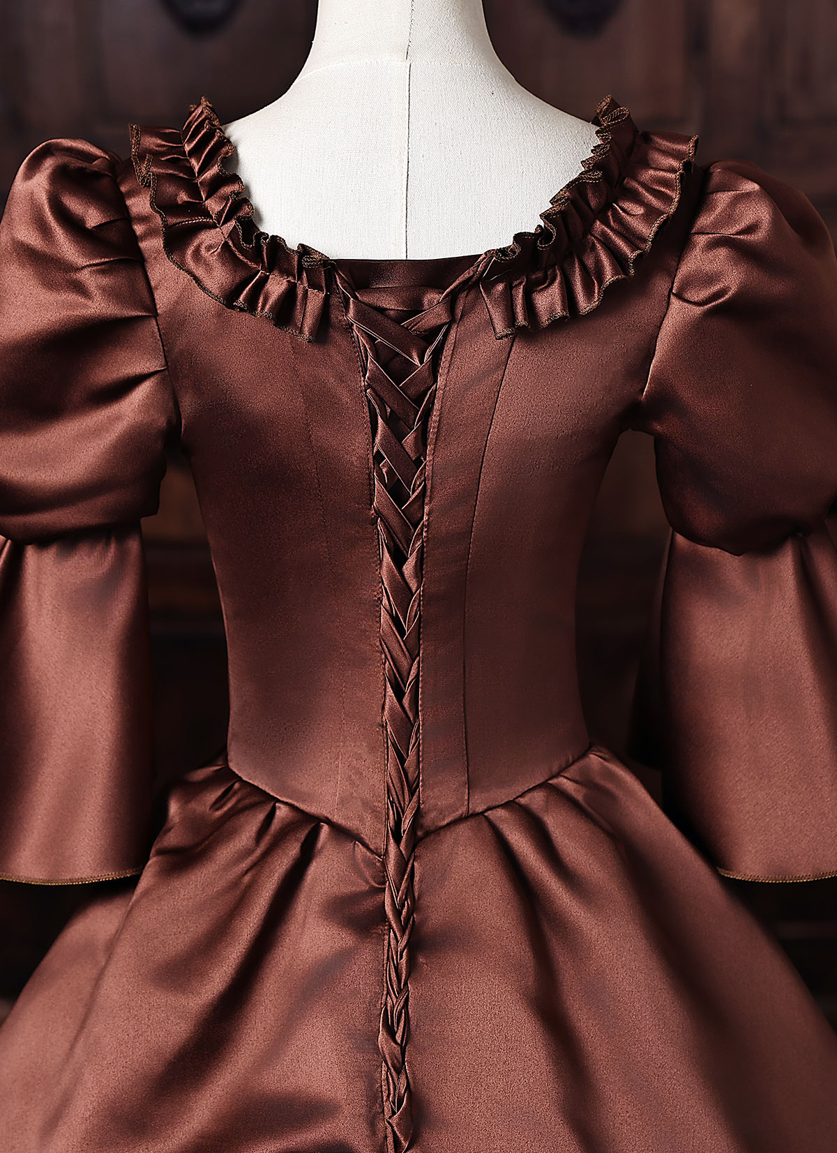 Brown Satin Lace Flower Masquerade Dress Short Puff Sleeve Floor Length Theater Costume Brown Satin Lace Flower Masquerade Dress Short Puff Sleeve Floor Length Theater Costume