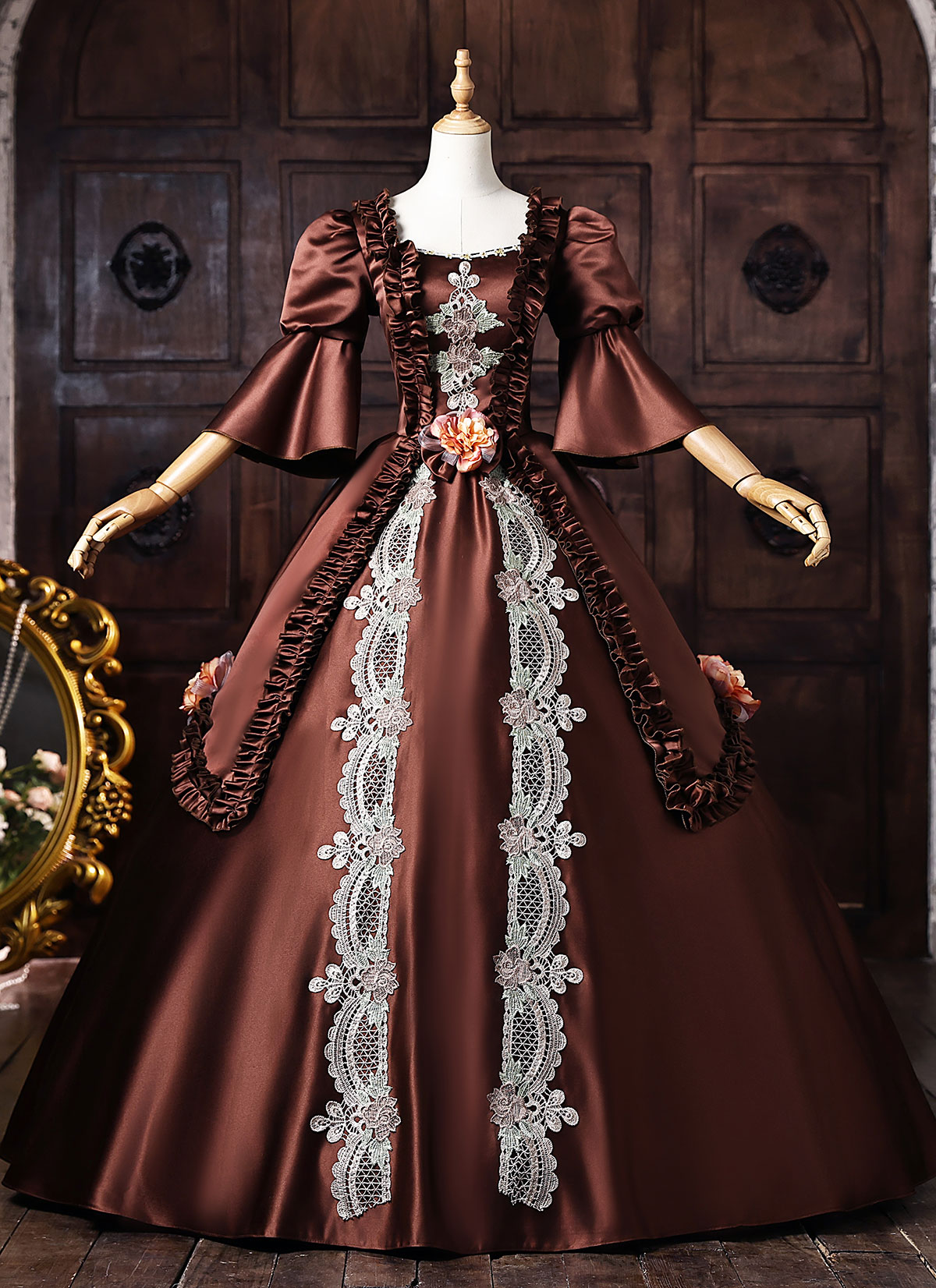 Brown Satin Lace Flower Masquerade Dress Short Puff Sleeve Floor Length Theater Costume Brown Satin Lace Flower Masquerade Dress Short Puff Sleeve Floor Length Theater Costume