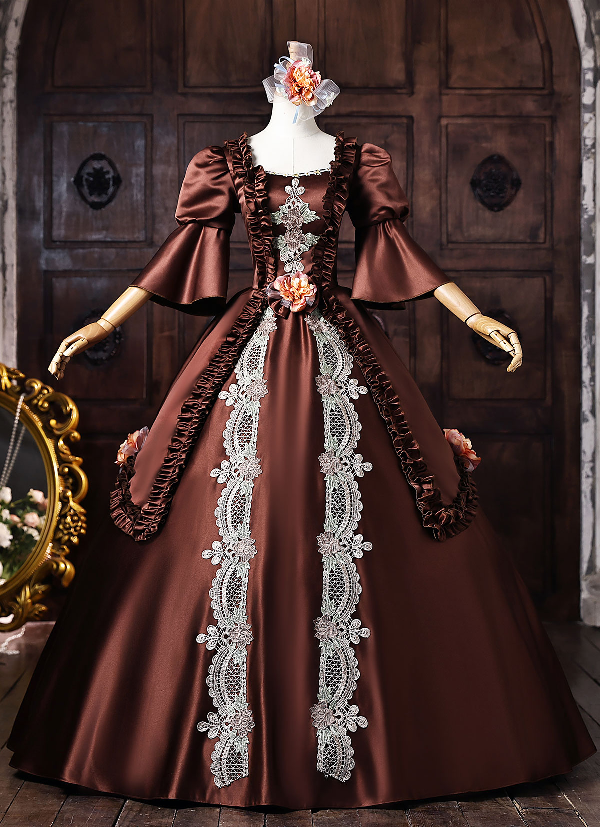 Brown Satin Lace Flower Masquerade Dress Short Puff Sleeve Floor Length Theater Costume Brown Satin Lace Flower Masquerade Dress Short Puff Sleeve Floor Length Theater Costume