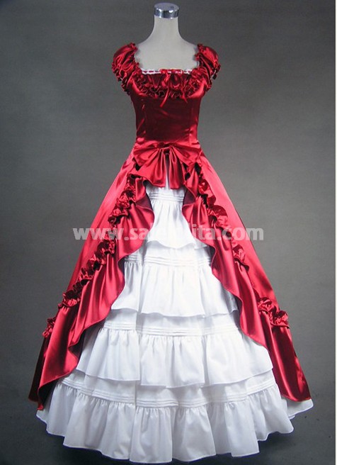 red and white victorian dress Dark Red and White Victorian Ball long sleeve Ball gown with Lace Appliques and Ruffles