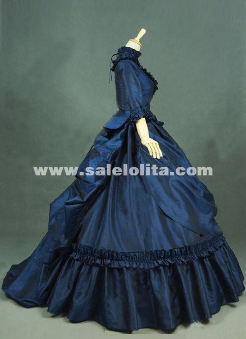 Brand New Dark Blue Gothic Victorian Dresses French Bustle Period Ball Gowns  Reenactment Halloween Costumes