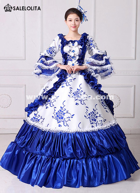 Brand New Blue Lace Printed Marie Antoinette Masquerade Ball Gown Medieval Southern Rococo Belle Dress Theatrical Clothing Brand New Blue Lace Printed Marie Antoinette Masquerade Ball Gown Medieval Southern Rococo Belle Dress Theatrical Clothing