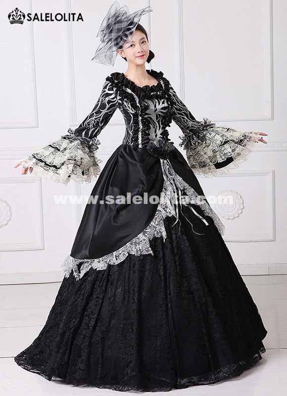 marie antoinette black dress Brand New Black Printed Marie Antoinette Dress 18th Century Civil War Southern Belle Ball Gown With Train Theatre Costume