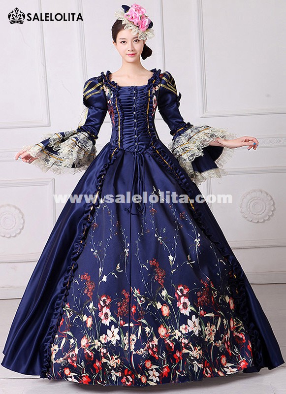 Brand New Vintage Dark Blue Lace Printed Marie Antoinette Dress Civil War Southern Belle Gown Women Reenactment Clothing Brand New Vintage Dark Blue Lace Printed Marie Antoinette Dress Civil War Southern Belle Gown Women Reenactment Clothing