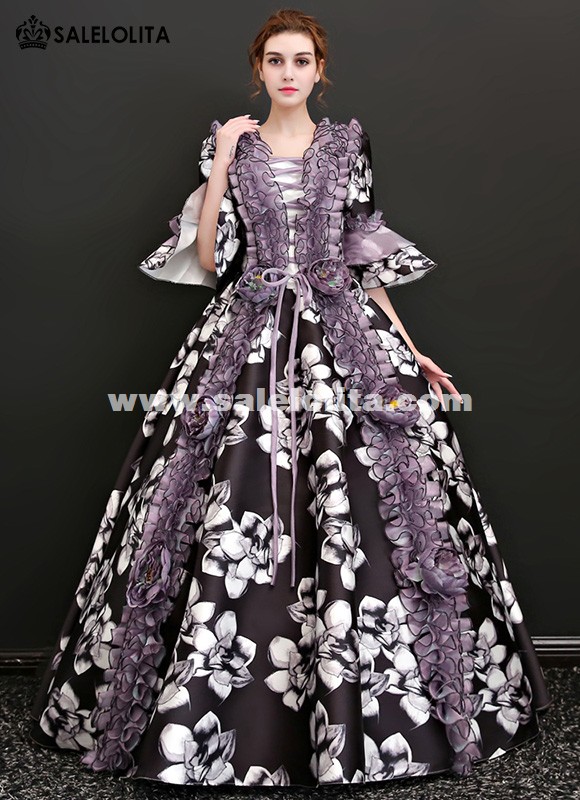 Victorian Renaissance Floral Dress Ball Gown Black Princess Prom Reenactment Clothing Victorian Renaissance Floral Dress Ball Gown Black Princess Prom Reenactment Clothing