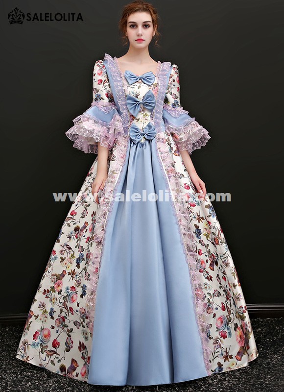 Renaissance Blue Floral Rococo Marie Antoinette Ball Gown Victorian Dress