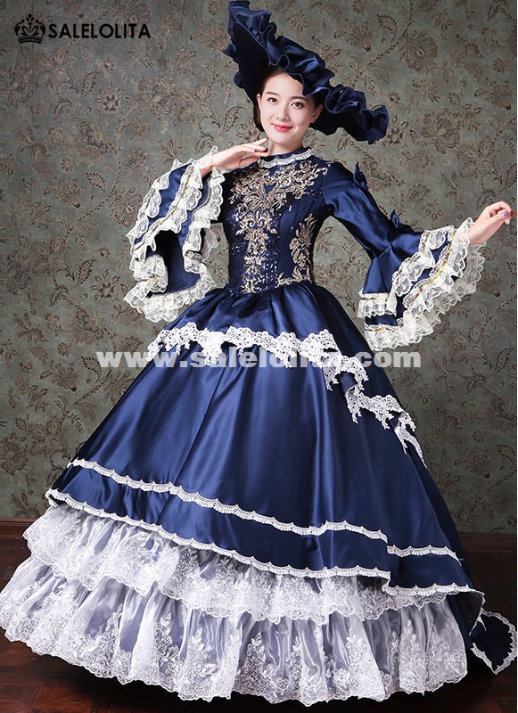 Dark Blue Marie Antoinette Masquerade Gown Dresses Halloween Gothic Ball Gown Carnivale Costume