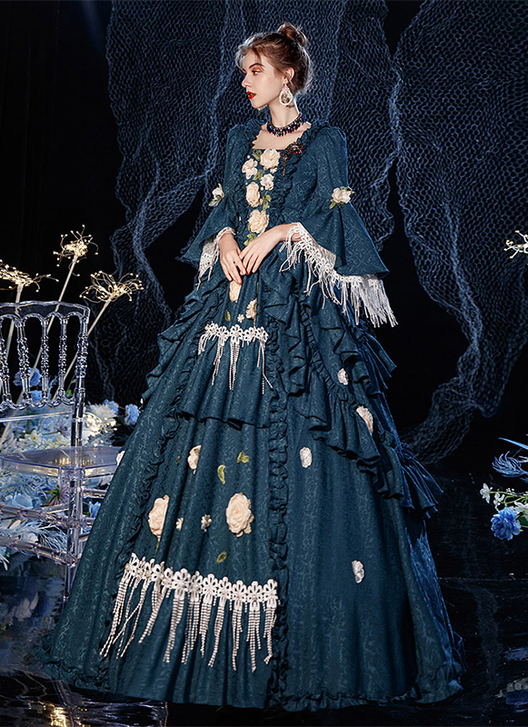 dark blue fantasy dress Fantasy Theme Royal Blue Lace Wedding Dress with Black Cape main image 1