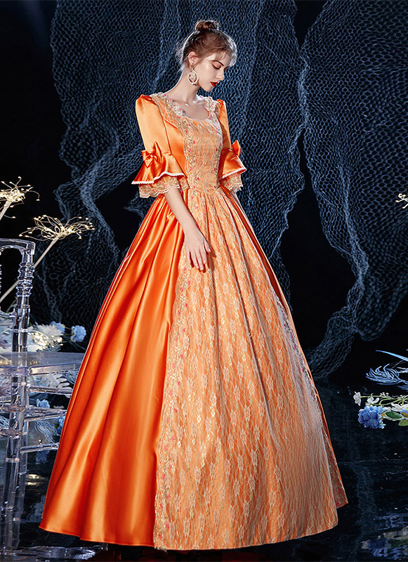 orange vintage dress 60s Chiffon Party Dress: Sheer Sleeve Cocktail Dry Clean only Made in Los Angeles Item shown is Size 2 Model is 57 Orange Baroque Rococo Marie Antoinette