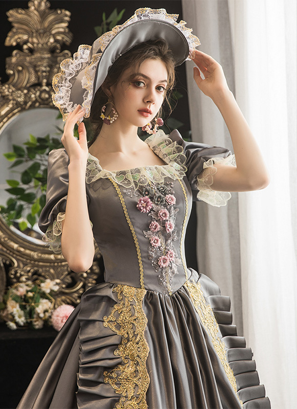 silver victorian dress Latest Designs Silver Gray Long Sleeve LacVictorian Masquerade Ball Gowns For Halloween