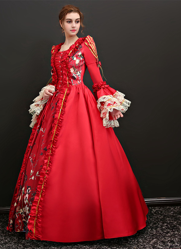 Elegant Blue and Red Printed Marie Antoinette Dress Medieval Renaissance Masquerade Christmas Party Dress Reenactment Costumes