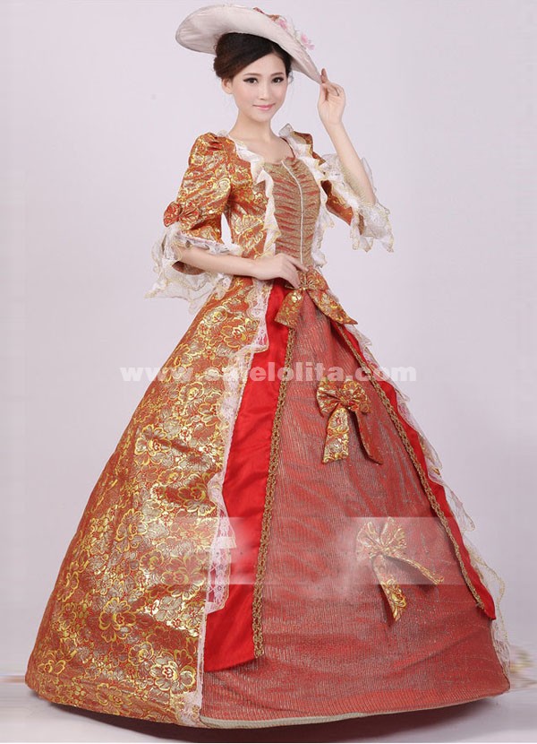 Noble Red Gold Print Royal Palace Marie Antoinette Ball Gown, Civil War Medieval Renaissance Dress For Noble Red Gold Print Royal Palace Marie Antoinette Ball Gown, Civil War Medieval Renaissance Dress For